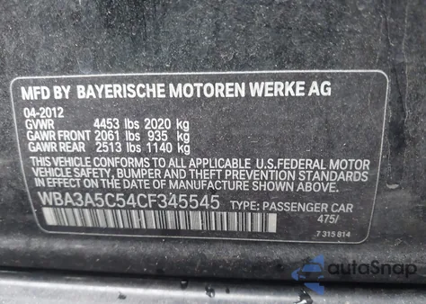 2012 BMW 328I из США, поврежденный, VIN WBA3A5C54CF345545